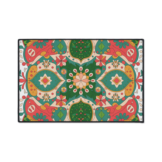 Colorful patterned doormat with geometric design on a white background