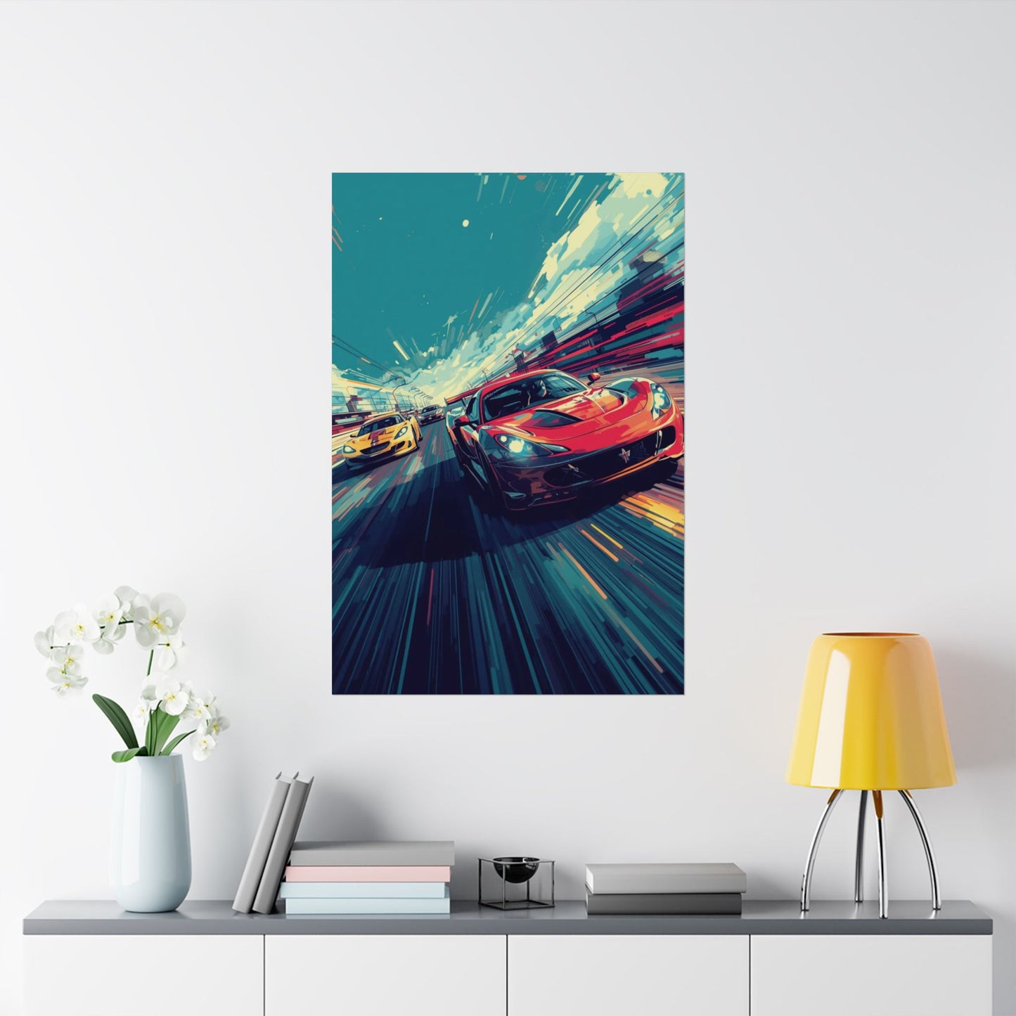 Framed artwork of a red sports car on a white wall above a shelf with decor items.