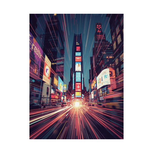 Futuristic city street with neon lights and tall buildings at night.