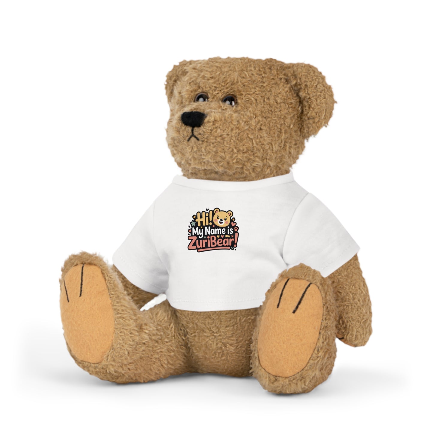 Brown teddy bear wearing a white shirt with a logo on a white background