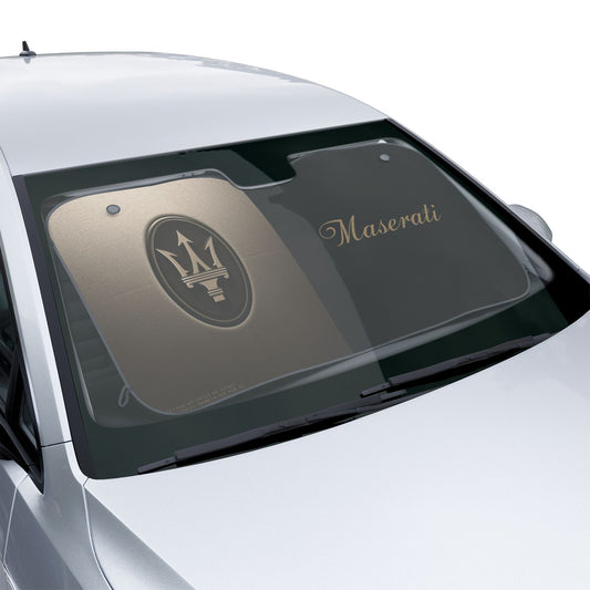 Maserati car sunshade on a white car with Maserati logo