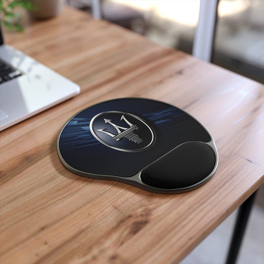 Black and blue mouse pad with a logo on a wooden desk