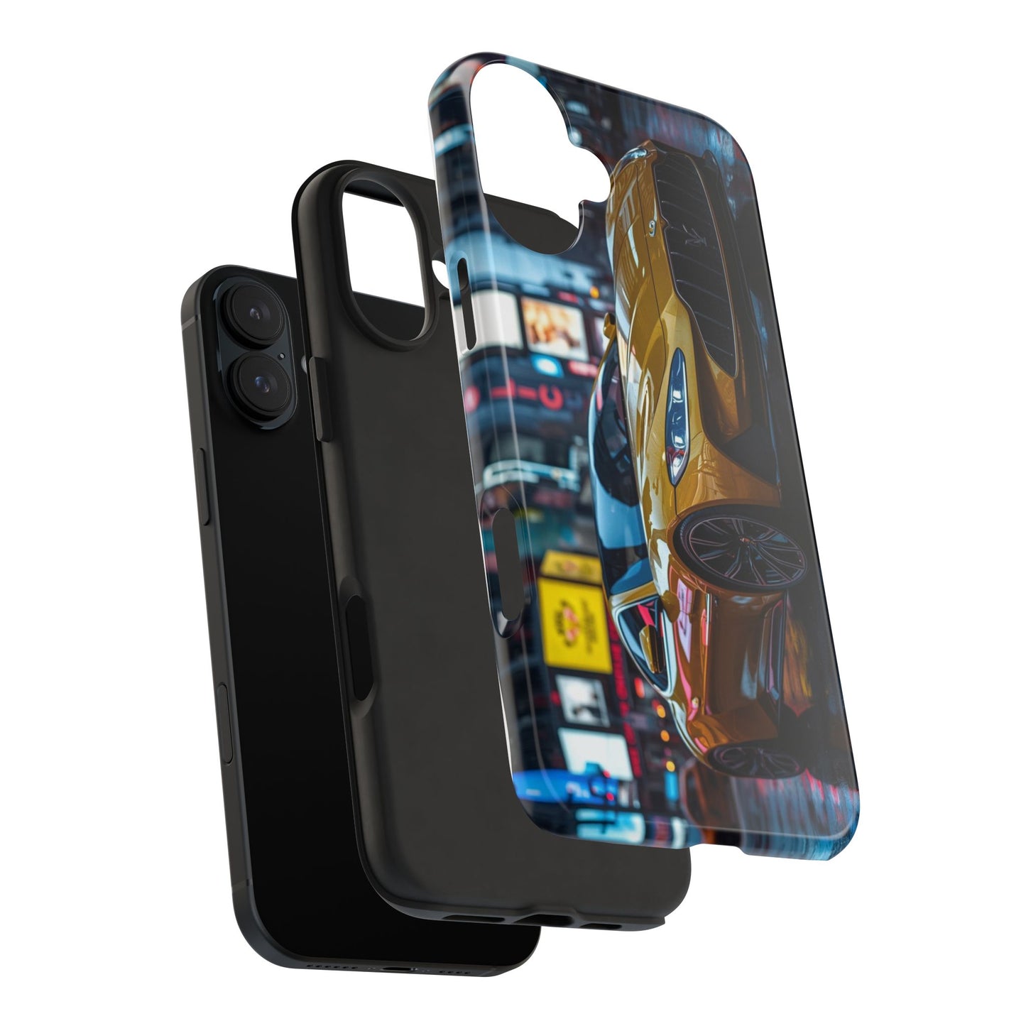 Phone case with a car design on a city street at night