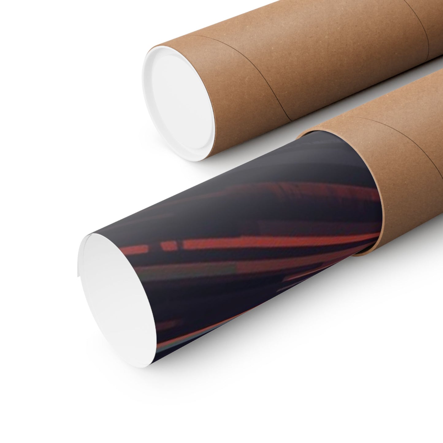 Roll of black and red patterned paper in a cardboard tube on a white background