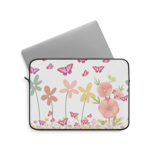 Laptop sleeve with floral and butterfly design on a white background