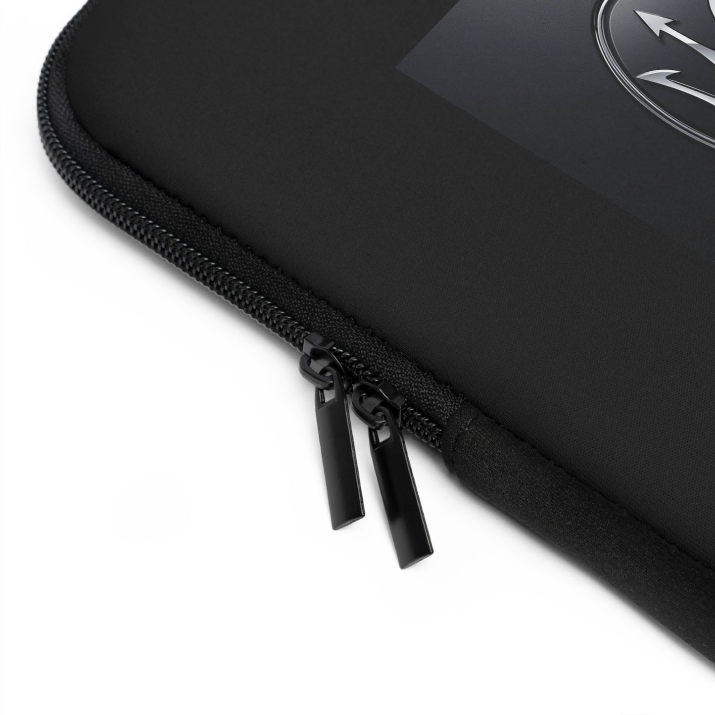 Black zippered pouch with a brand logo on a white background