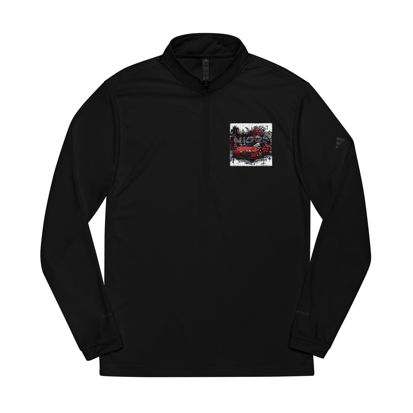 Black pullover with a small colorful graphic on the chest against a white background