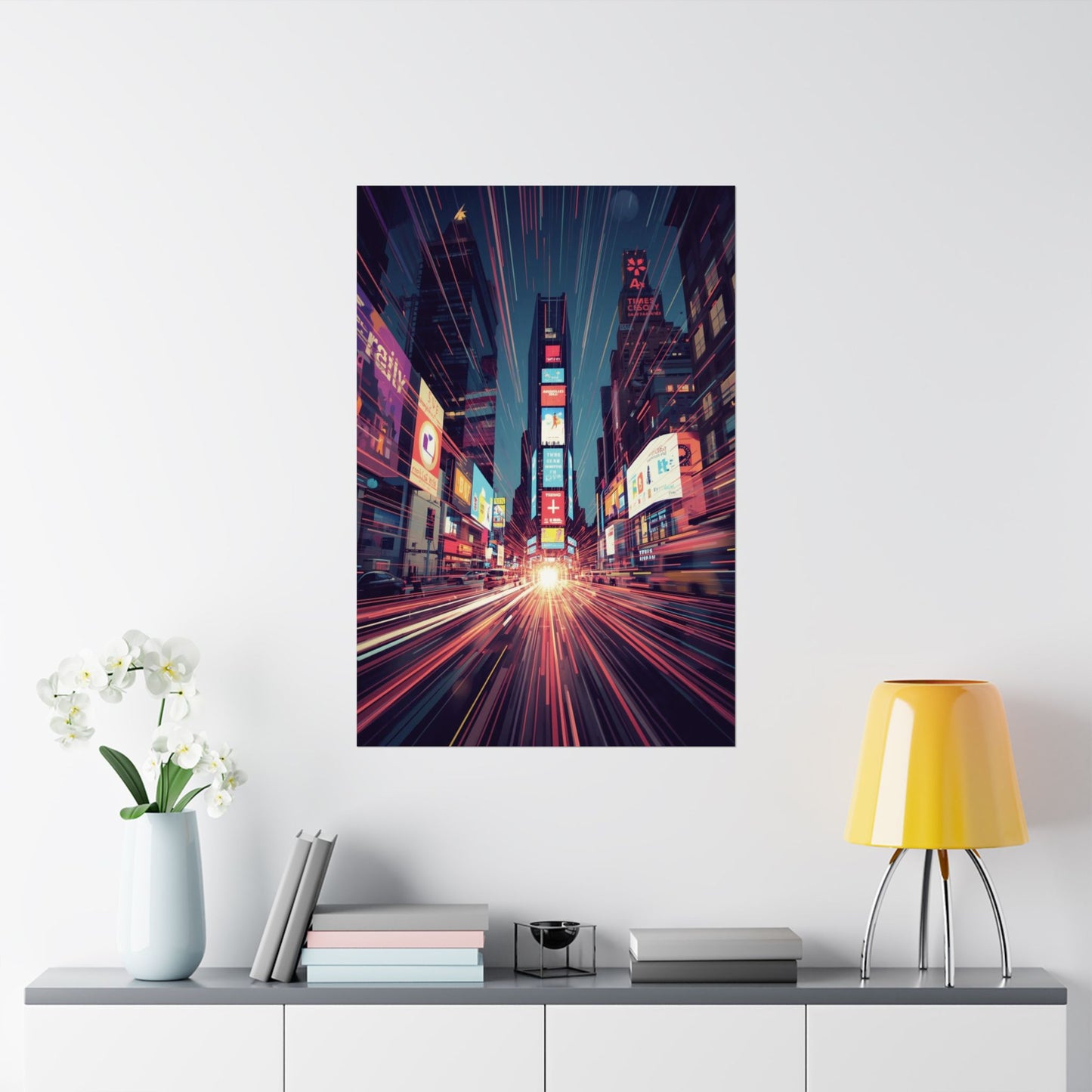 Cityscape artwork on a wall above a table with decor items
