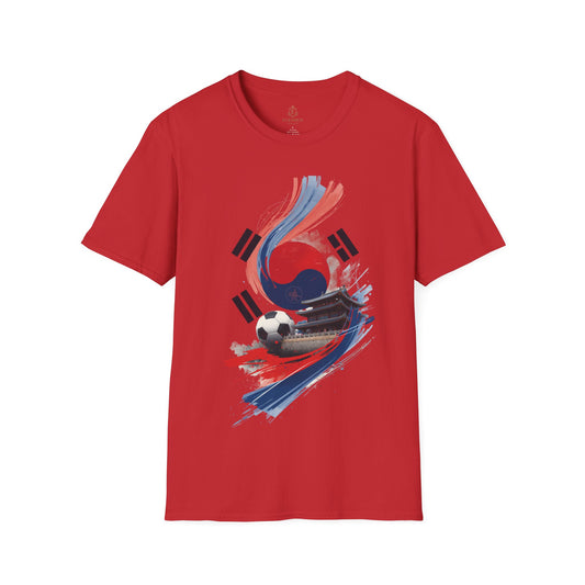 South Korea Flag Soccer T-Shirt — Taeguk & Hanok Brushstroke Design Tee