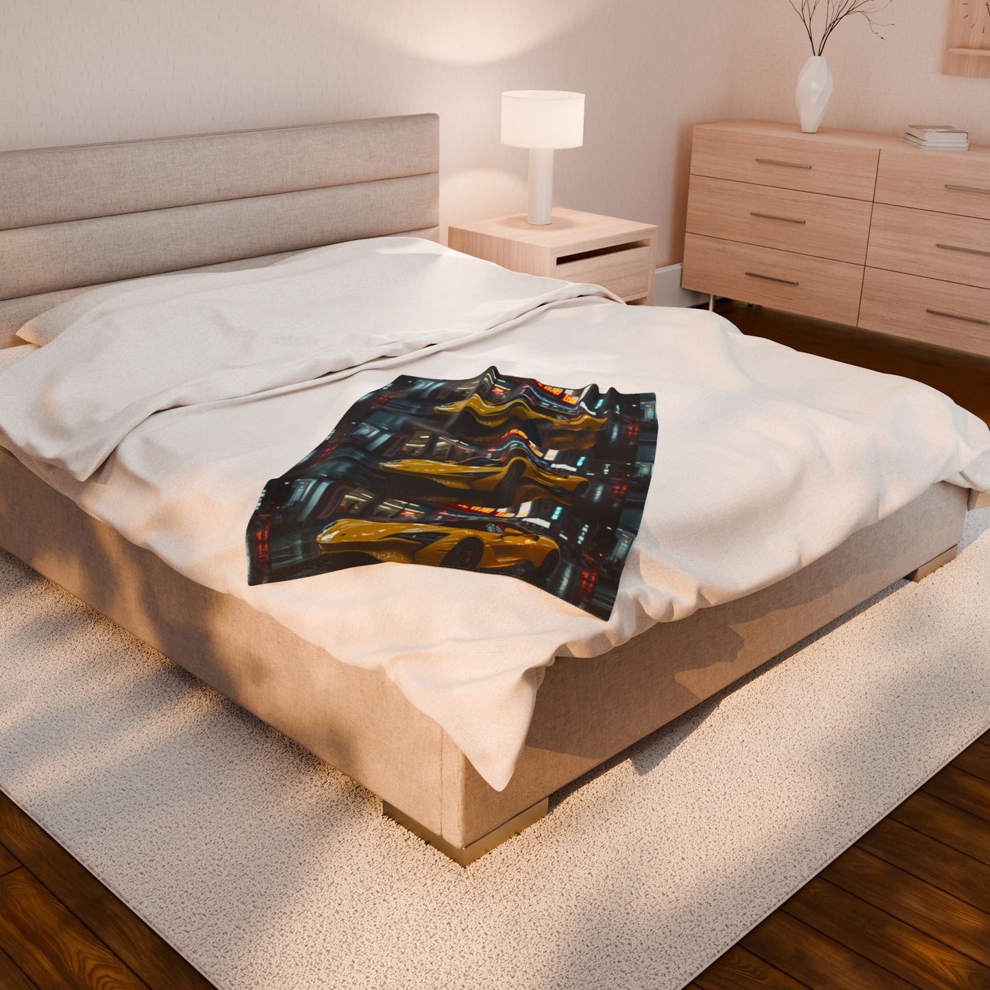 Luxury Sports Car Velveteen Plush Blanket - Yellow Supercar Night City Design