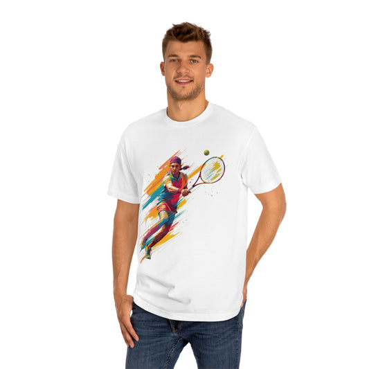 Tennis Player Graphic Tee — Colorful Action Racquet Design Shirt