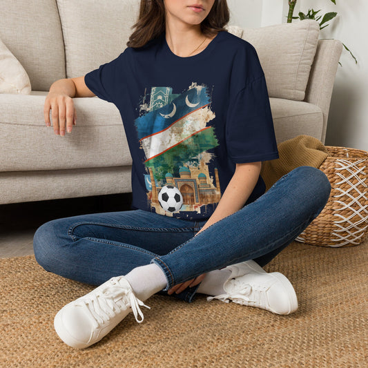 Uzbekistan Flag Soccer T-Shirt — Crescent Emblem & Landmark Design Tee