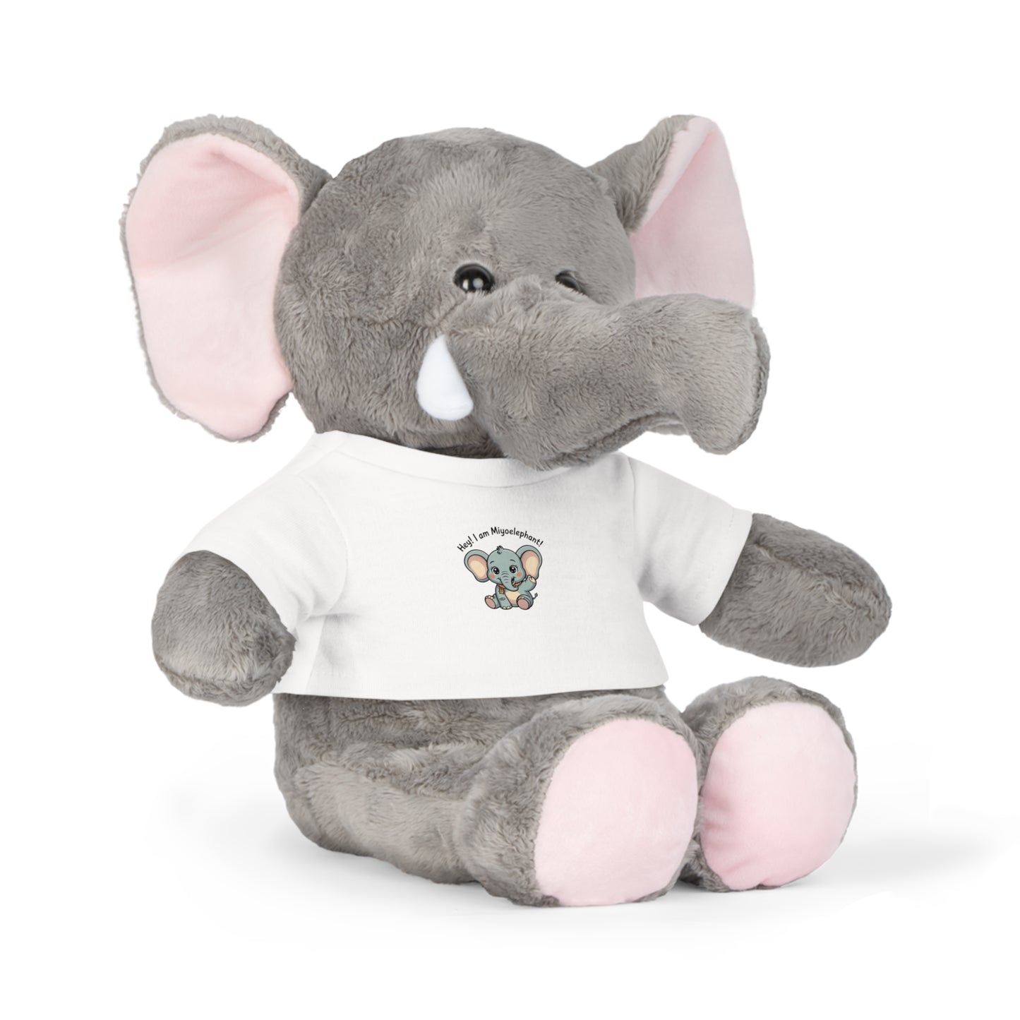 Plush elephant toy wearing a white shirt with a logo on a white background