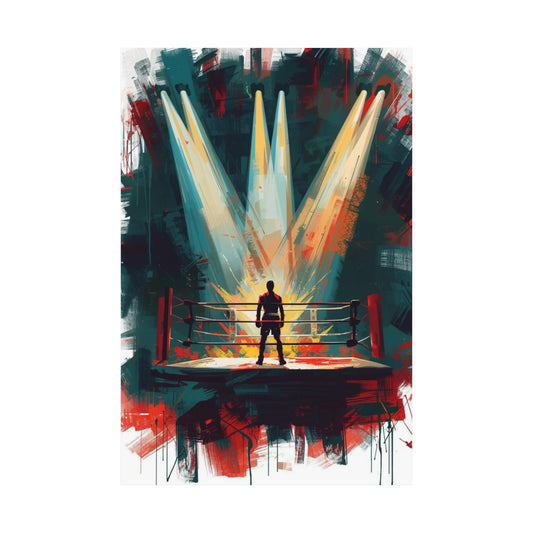 Artistic depiction of a boxer in a ring with dramatic lighting and colors.