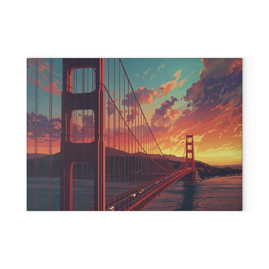 Golden Gate Sunset Glass Cutting Board — San Francisco Bridge Art Kitchen Decor
