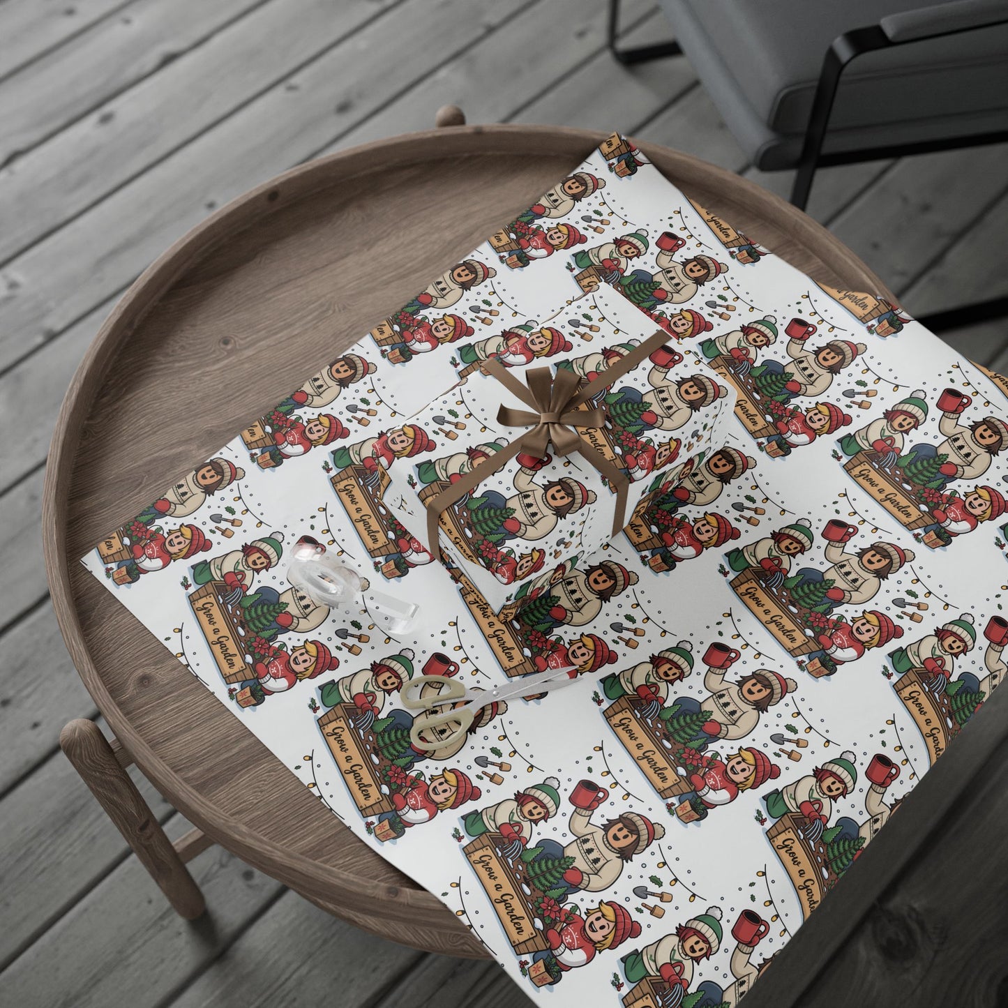 Decorative gift wrap with festive design on a wooden table