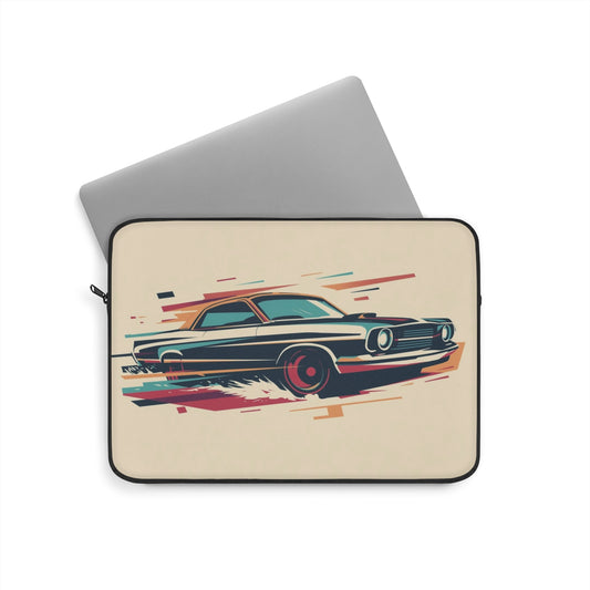 Laptop sleeve with classic car design on a beige background