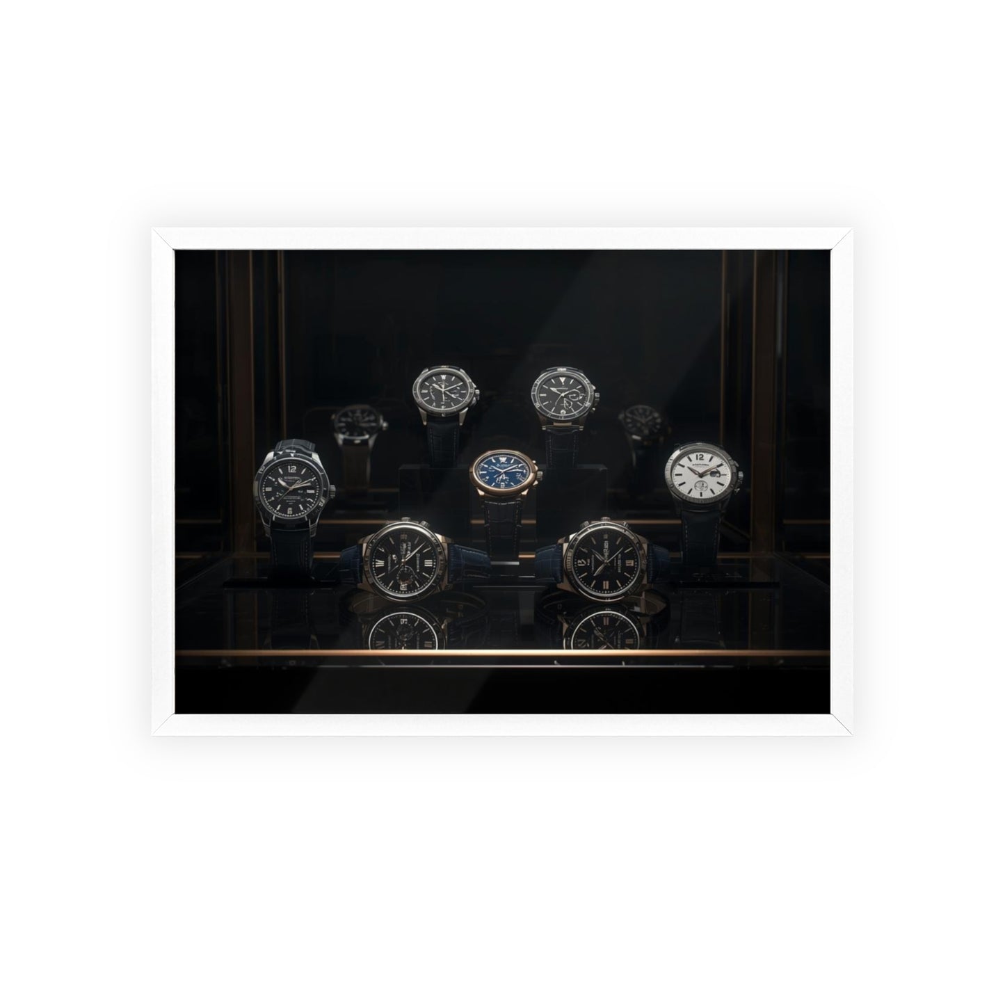 Collection of watches displayed in a dark glass case with a white border.