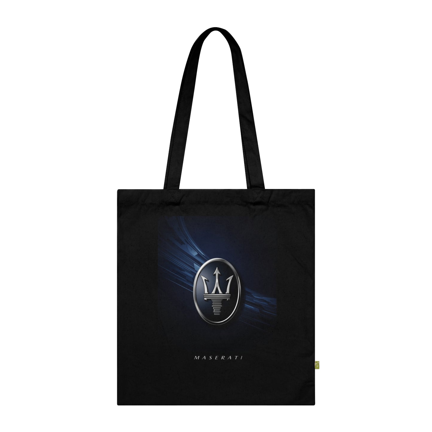 Black tote bag with Maserati logo on a white background