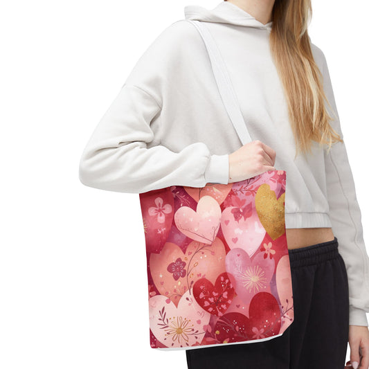 Heart Pattern Tote Bag — Pink Floral Valentine All-Over Print