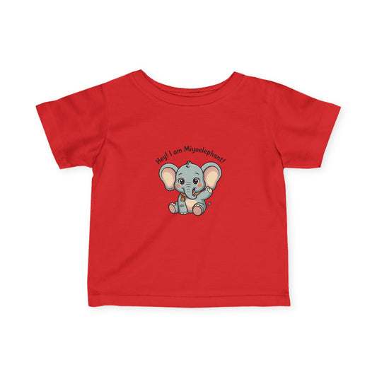 Red t-shirt with a cartoon elephant and text on a white background