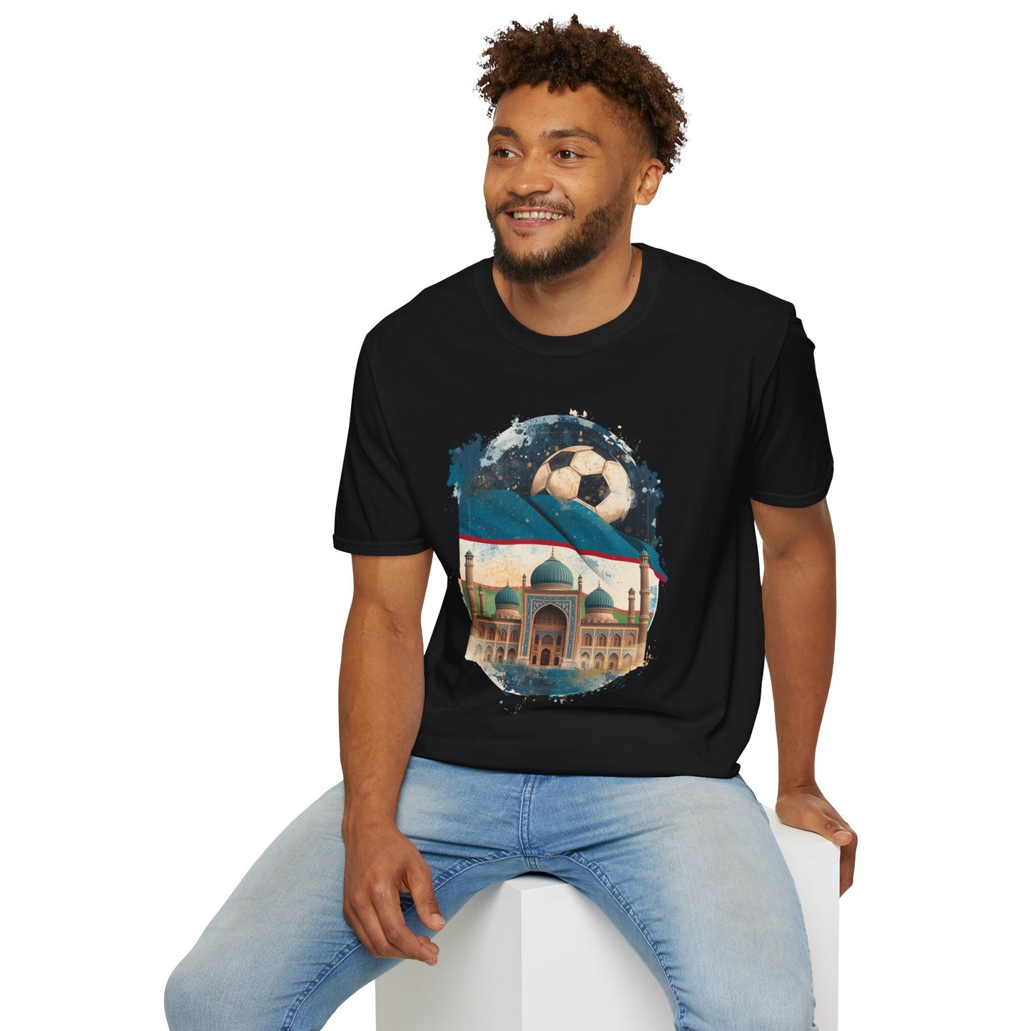 Uzbekistan Football Pride T-shirt Historic Madrasa and Vintage Soccer Ball Tee