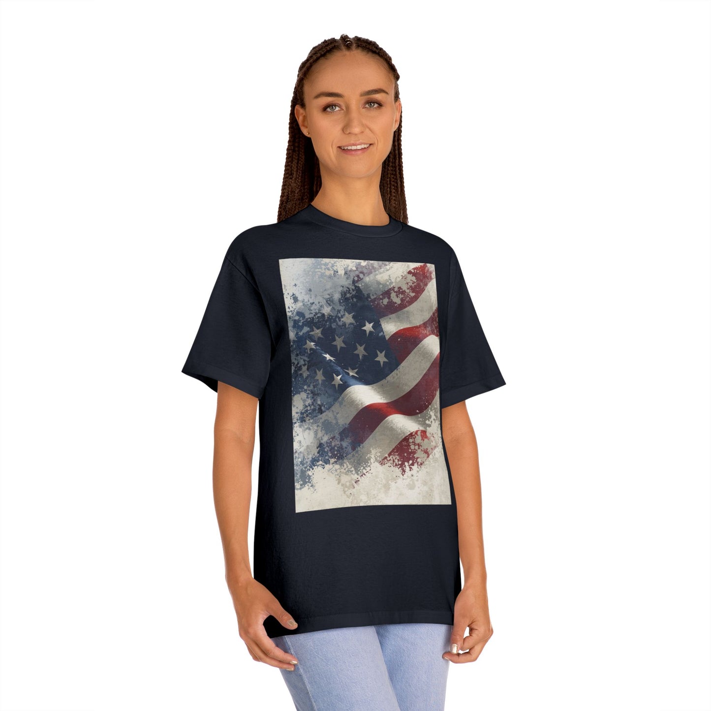 Woman wearing a black t-shirt with a vintage American flag design on a white background