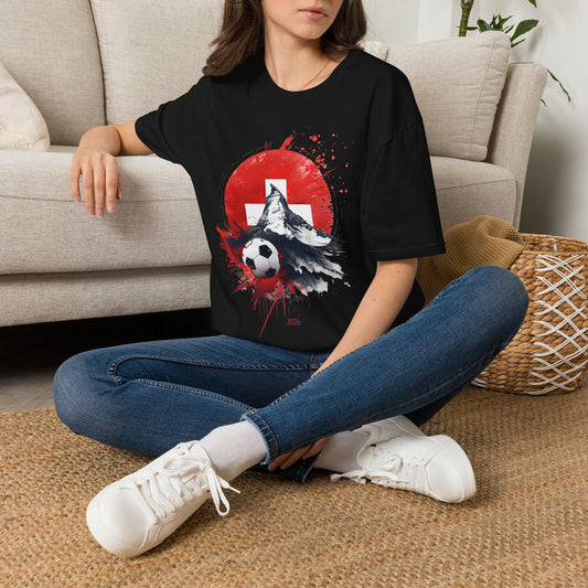 Swiss Flag Soccer T-Shirt with Grunge Paint Splatter and Alps Peak Design Tee