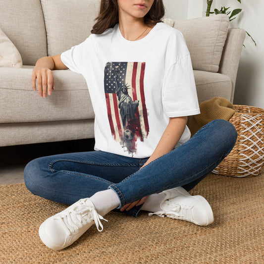 Statue of Liberty American Flag Soccer T-Shirt — Patriotic USA Graphic Tee