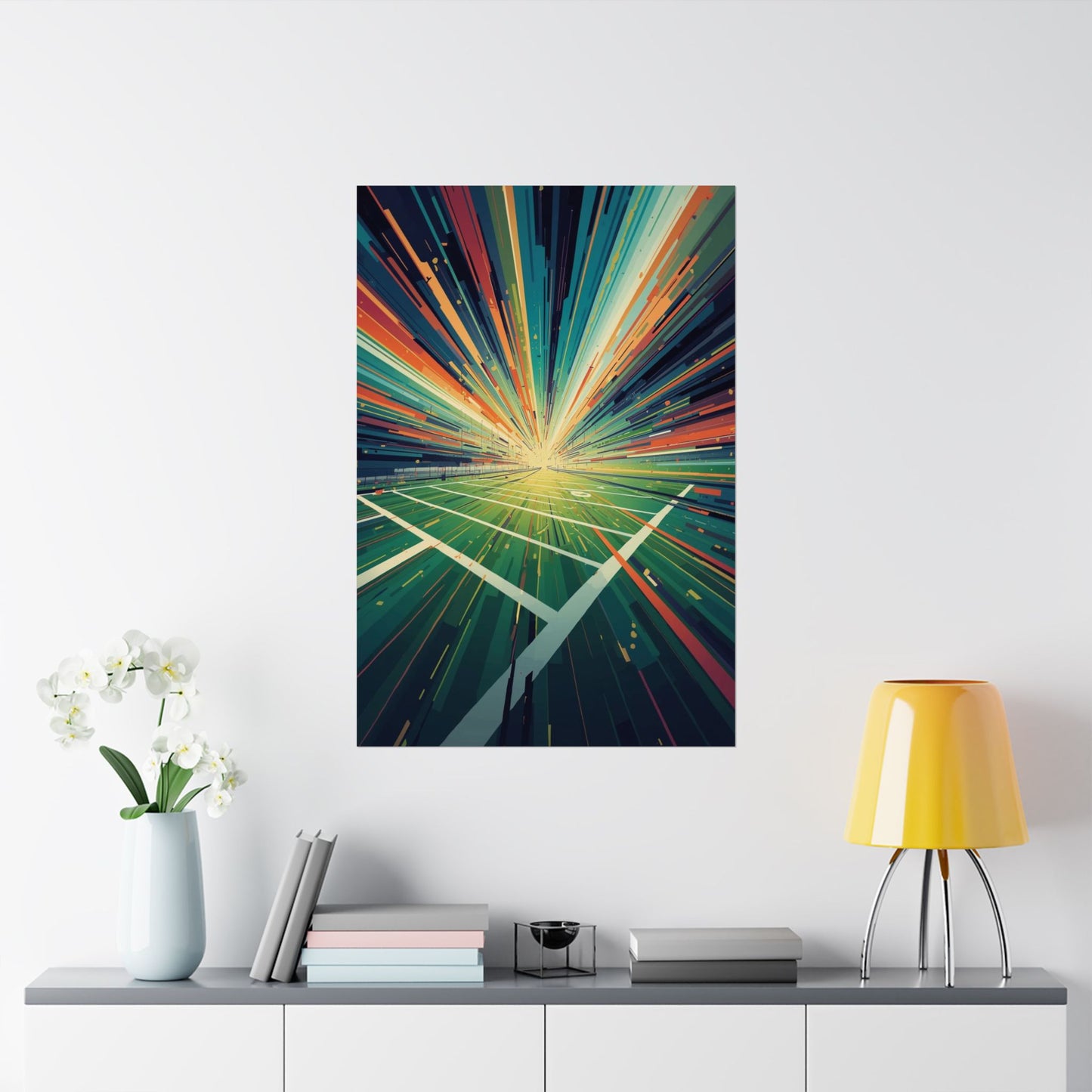 Colorful abstract art piece on a white wall above a shelf with decor items.