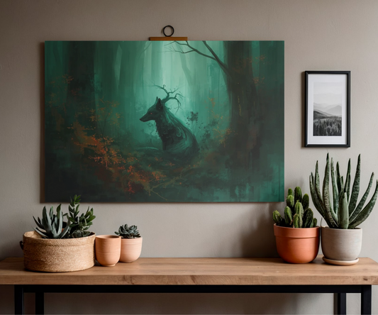 Mystic Forest Wolf Wall Art Poster | Dark Green Woodland Matte Print