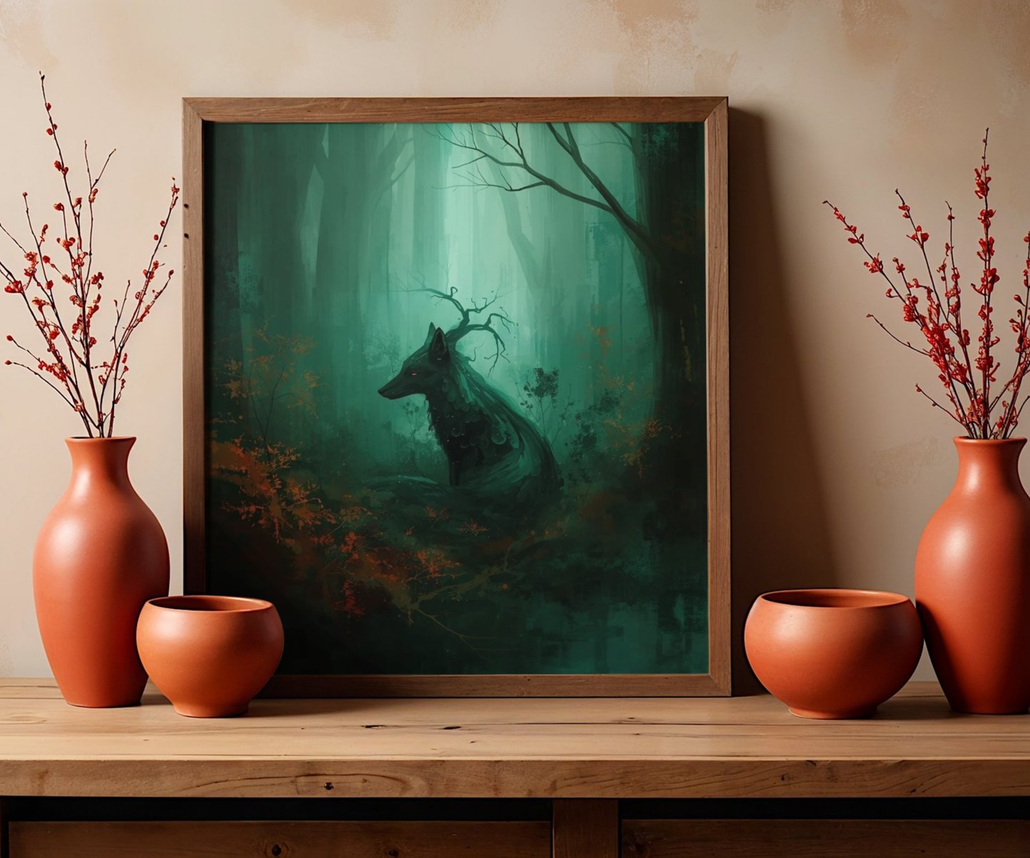 Mystic Forest Wolf Wall Art Poster | Dark Green Woodland Matte Print