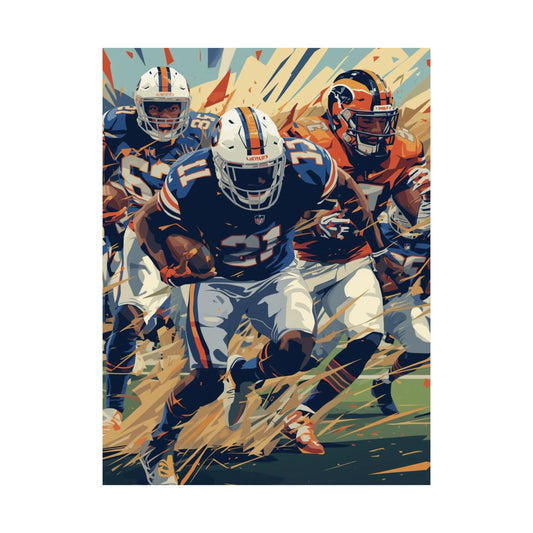 Artistic depiction of football players in action with dynamic background