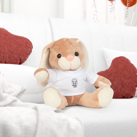 Plush bunny toy wearing a white shirt with text on a white background