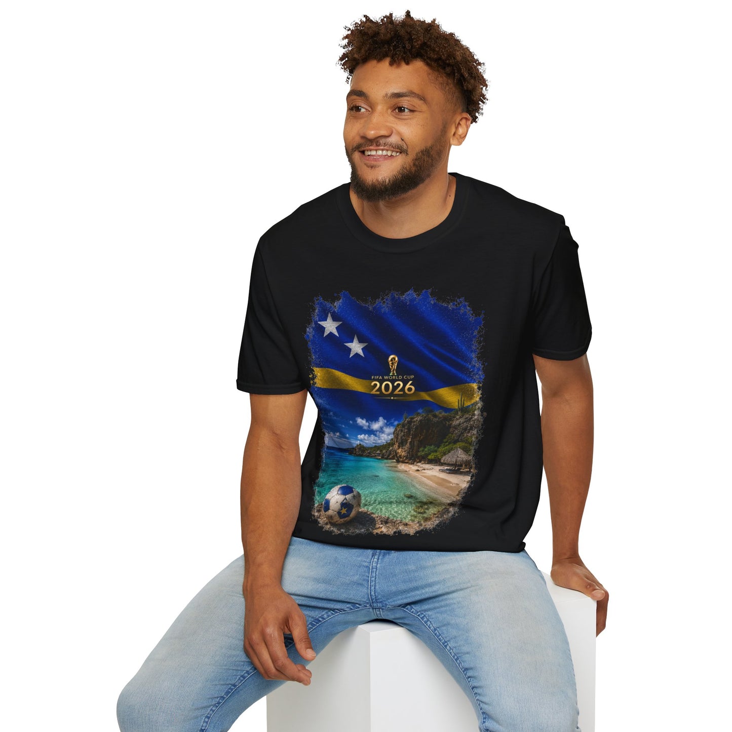 Curaçao Football Flag Beach Graphic T-Shirt Cinematic Caribbean Soccer Tee