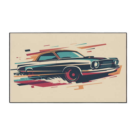 Vintage car illustration with colorful abstract lines on a beige background