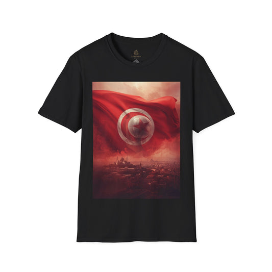 Tunisian Pride Football T-Shirt Cityscape & Waving Flag with Crescent Soccer Ball Tee