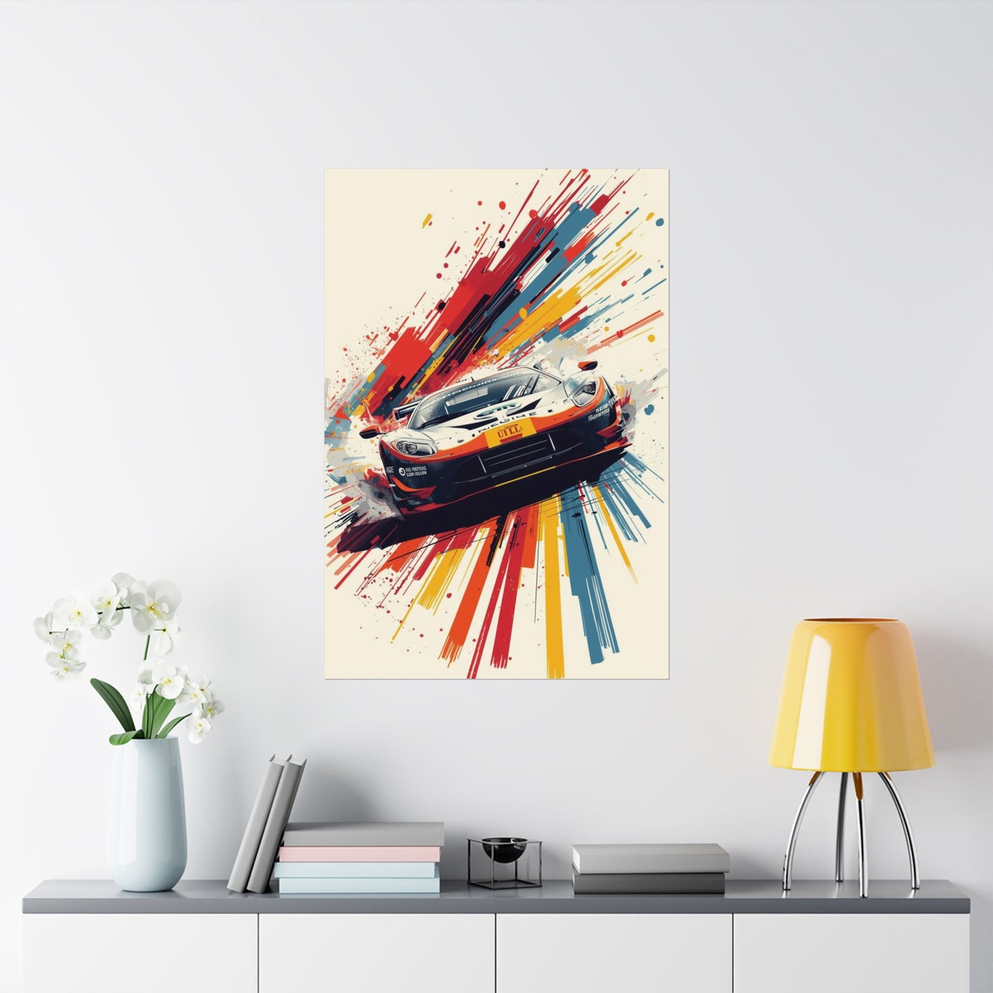Colorful abstract painting of a car on a wall above a shelf with decor items.