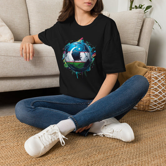 Uzbekistan Football Flag Splatter T-Shirt Abstract Crescent Moon Design Tee