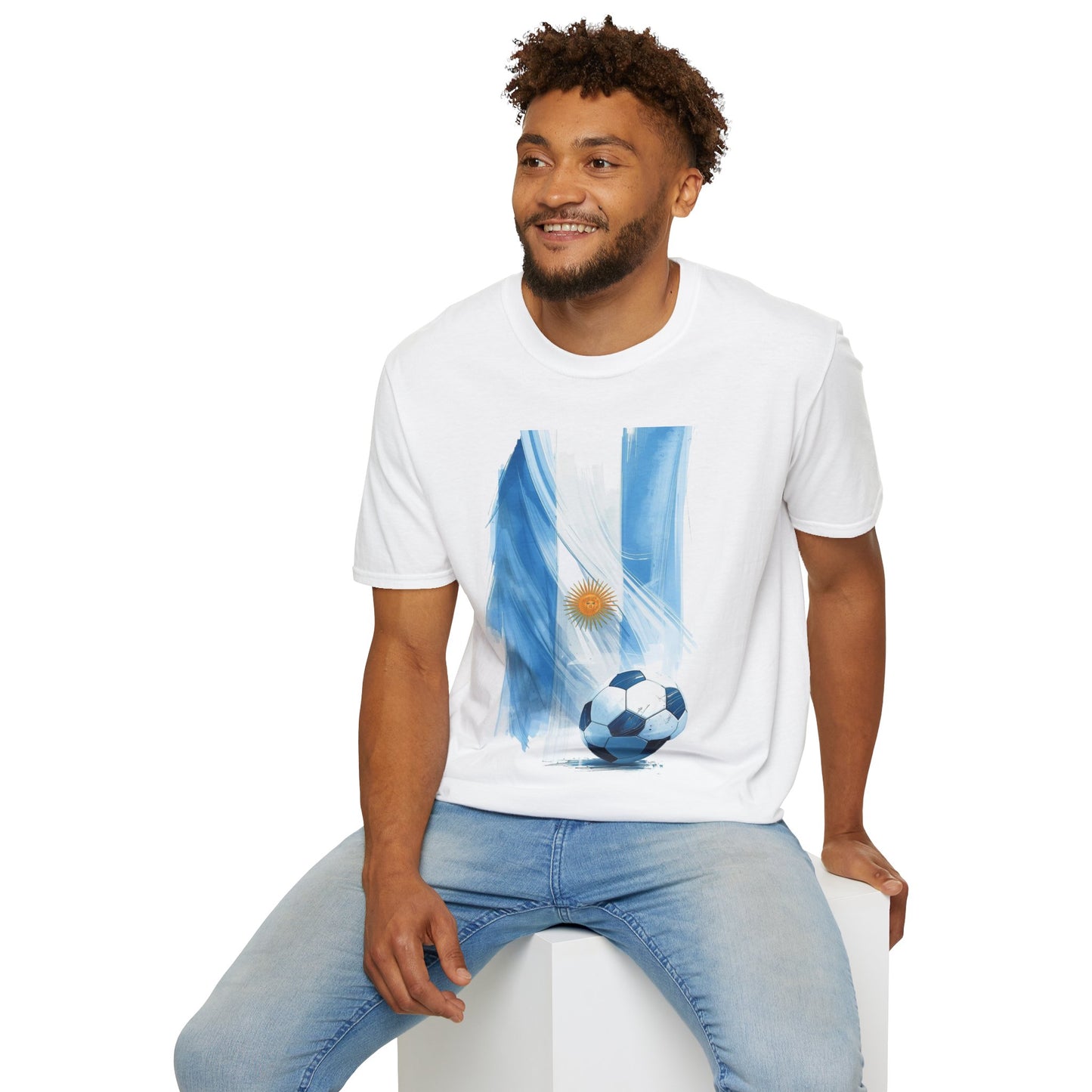 Argentina Flag Soccer T-Shirt — Watercolor Sun & Ball Design Tee