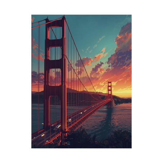 The Golden Gate Bridge during sunset with vibrant colors.