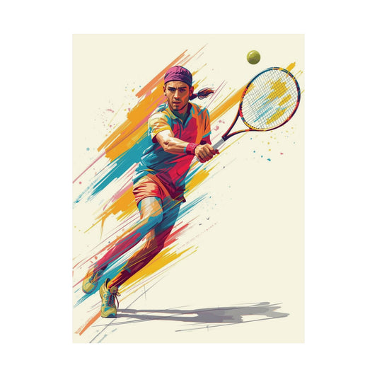 Colorful illustration of a tennis player in action with a racket and ball.