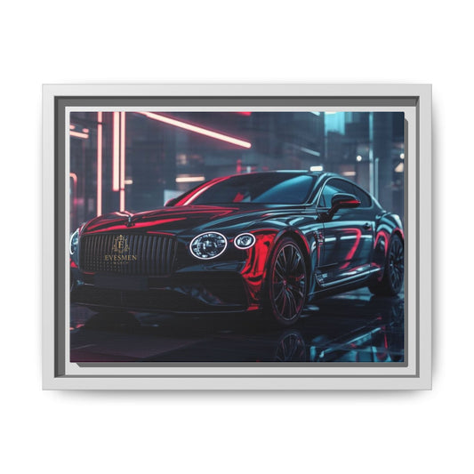 White Framed artwork of a luxury car in a city street setting with neon lights.