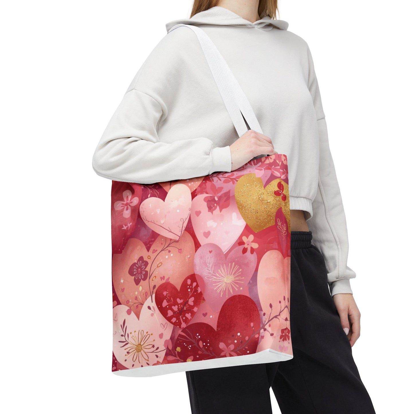 Heart Pattern Tote Bag — Pink Floral Valentine All-Over Print