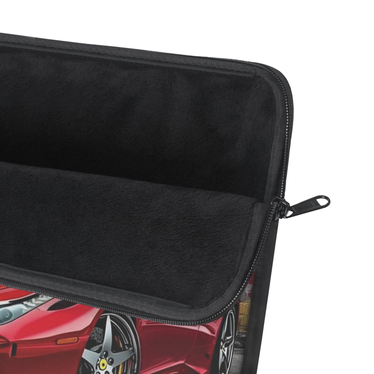 Black soft fleece and foam padding laptop sleeve with a red car design on a white background