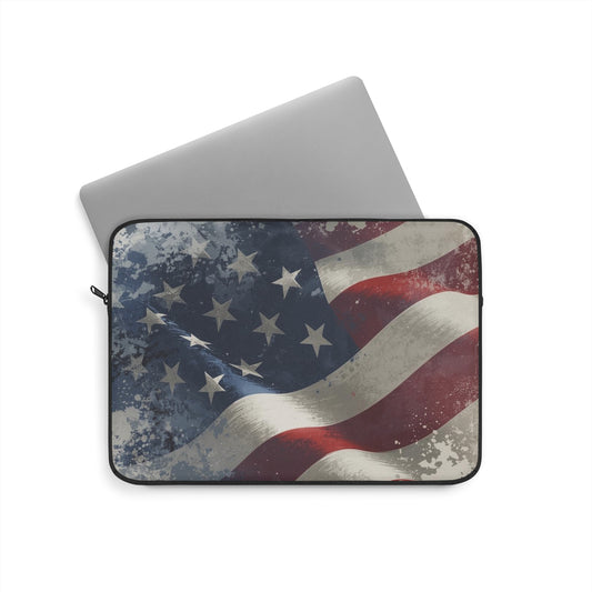 Laptop sleeve with vintage American flag design on a white background
