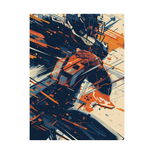 Abstract art print of a football player with dynamic lines and shapes in orange, blue, and black on a white background.