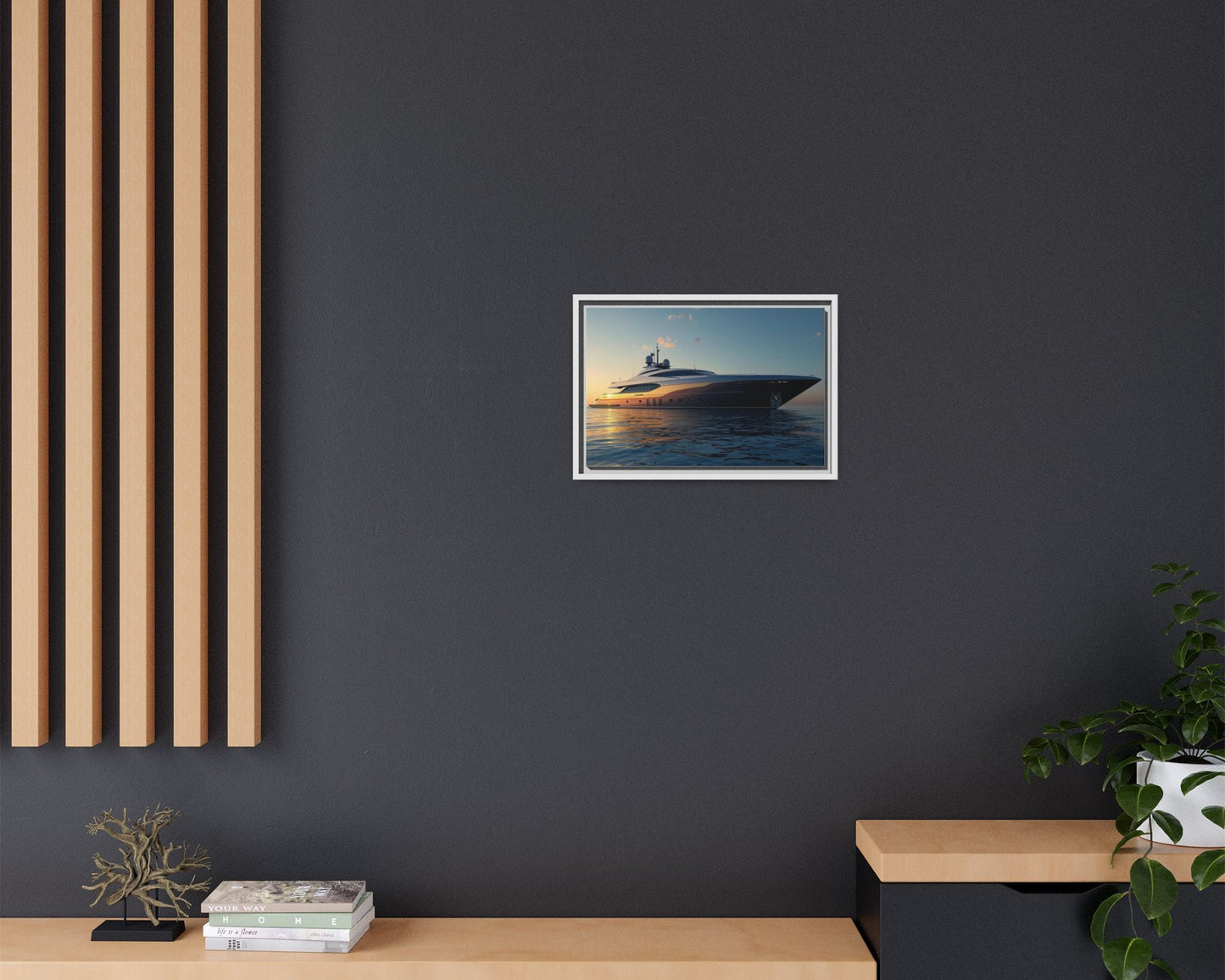 Framed photograph of a yacht on a dark wall with wooden shelves and decor.
