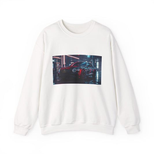White sweatshirt with a graphic of a car in a garage on a white background