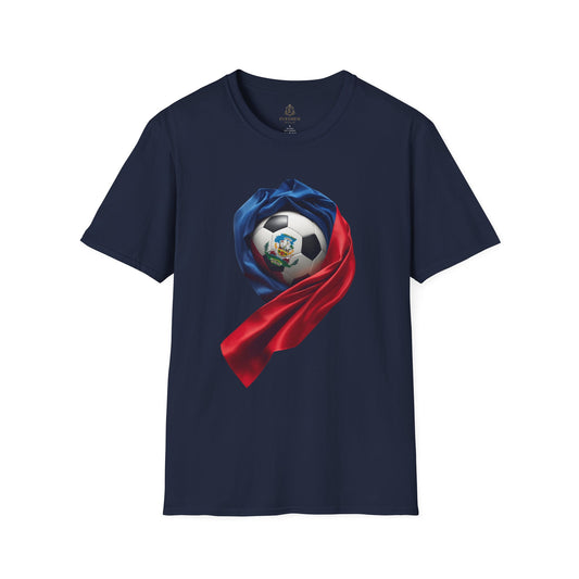Haitian Soccer Ball T-shirt Enveloped in Flag Fabric with Coat of Arms Tee